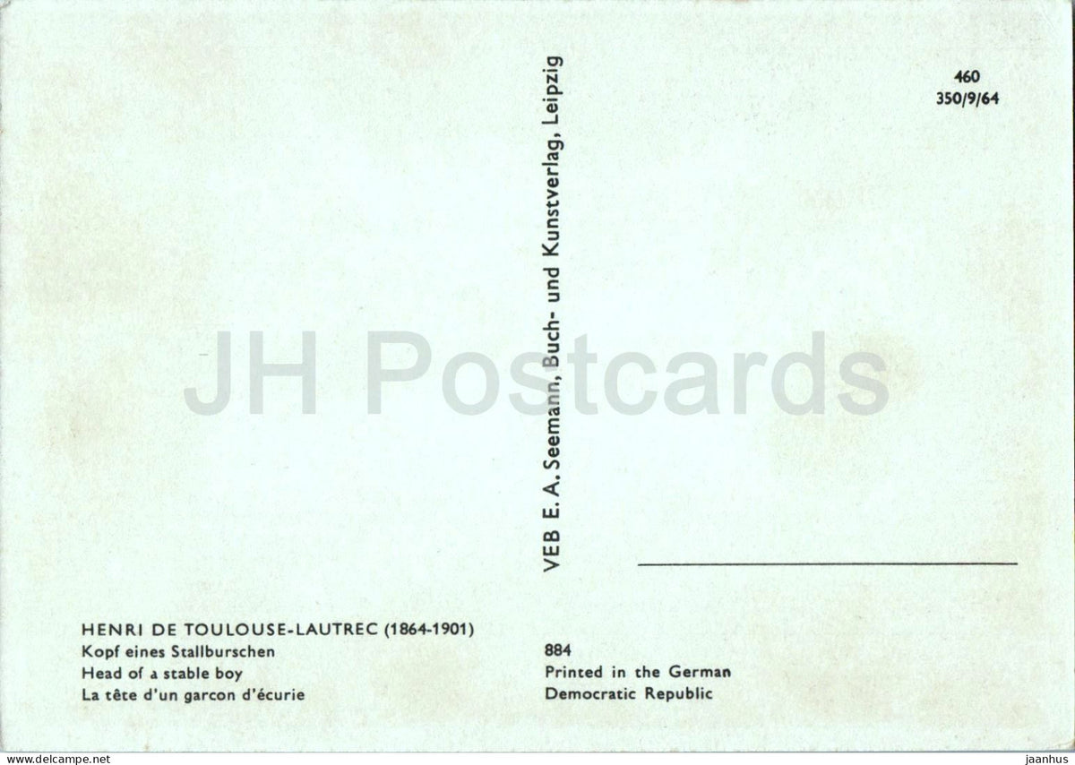 drawing by Henri de Toulouse-Lautrec - Stable Boy - Kopf eines Stallburschen - French art - 1964 - Germany DDR - unused