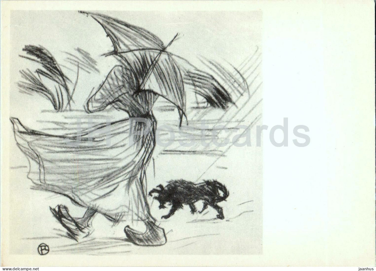 painting by Henri de Toulouse Lautrec - What the Rain Says - umbrella - dog - French art - 1969 - Russia USSR - unused - JH Postcards