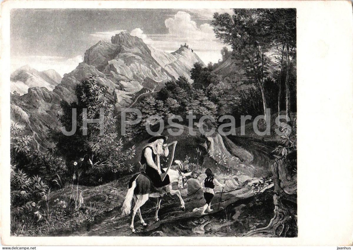 painting by Ludwig Richter - The Harper - Der Harfner - donkey - old postcard - German art - 1948 - Germany - unused - JH Postcards