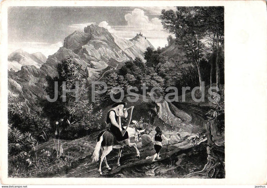 painting by Ludwig Richter - The Harper - Der Harfner - donkey - old postcard - German art - 1948 - Germany - unused - JH Postcards