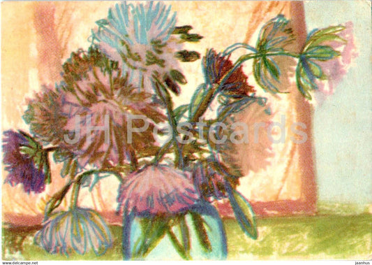 Birthday Greeting Card by O. Subbi - Aster - flowers - illustration - 1962 - Estonia USSR - used - JH Postcards