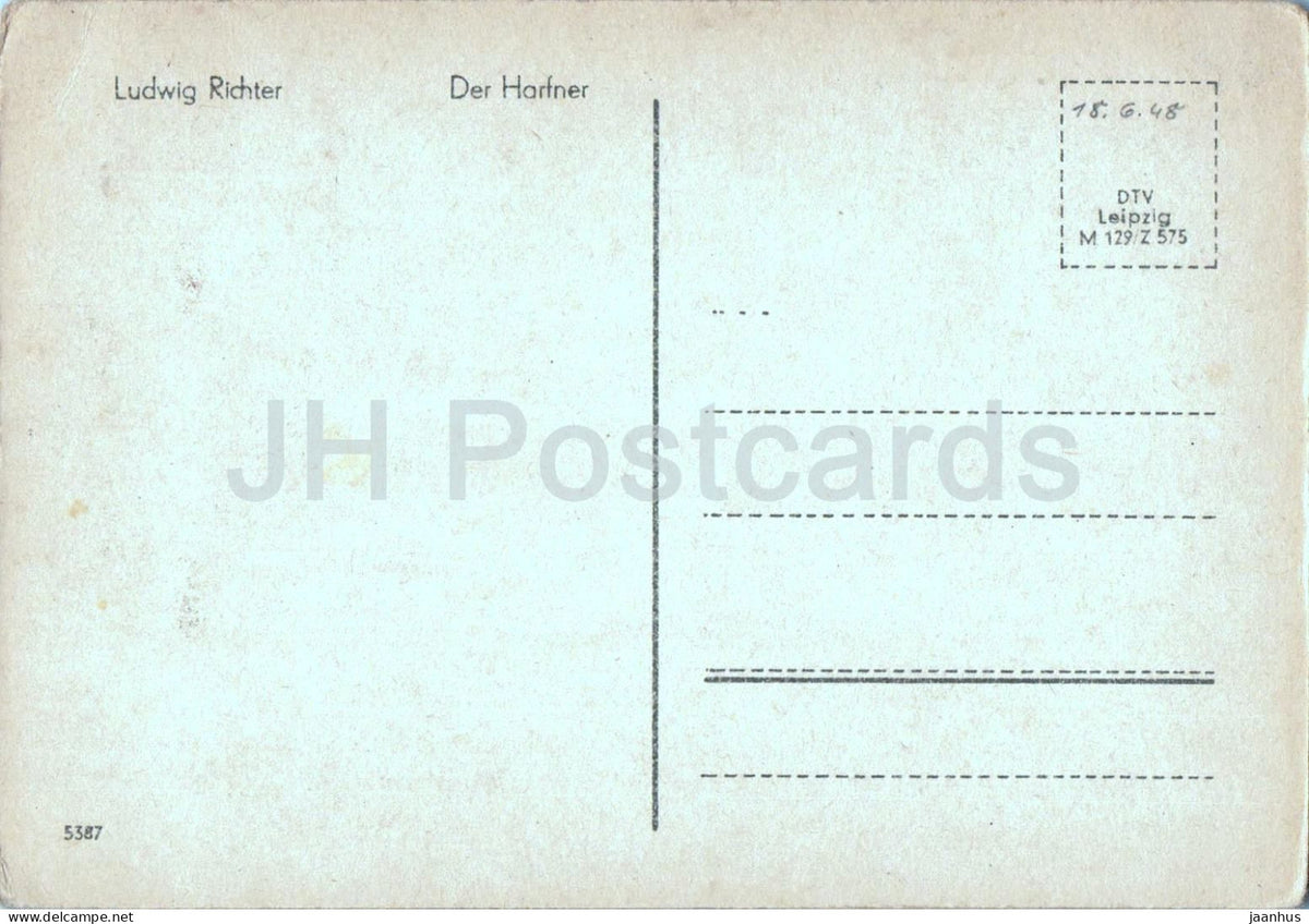 painting by Ludwig Richter - The Harper - Der Harfner - donkey - old postcard - German art - 1948 - Germany - unused