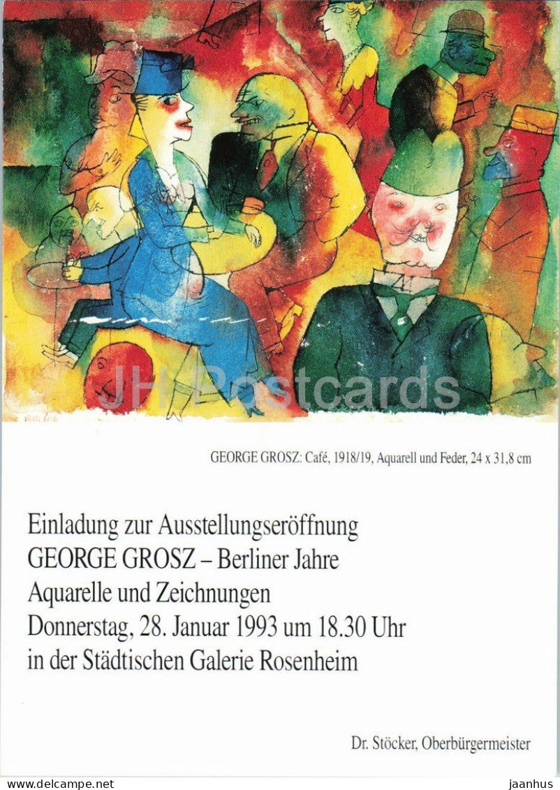 watercolor by George Grosz - Cafe - German art - exhibition card - 1993 - Germany - unused - JH Postcards