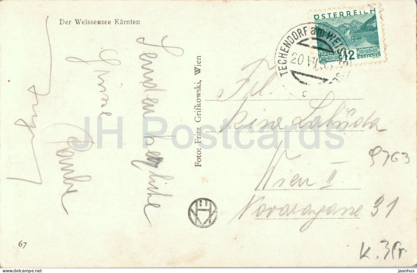 Der Weissensee Karnten - lac - village - 67 - carte postale ancienne - 1938 - Autriche - utilisé 