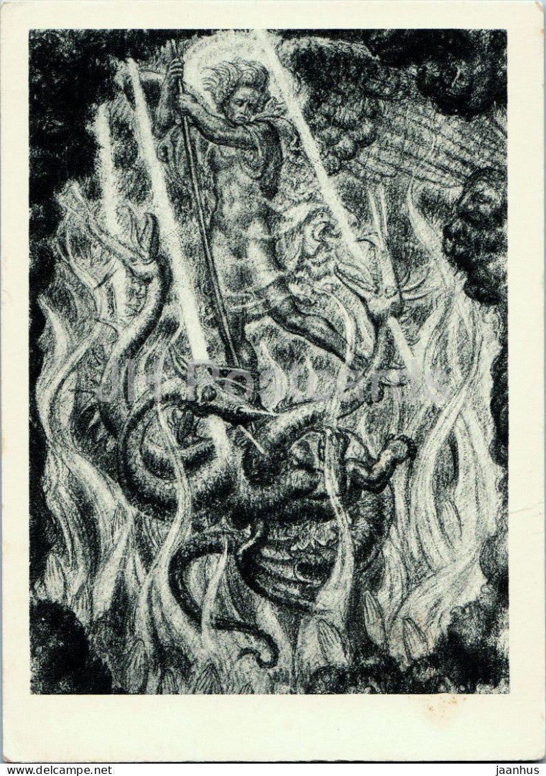 drawing by Edmund Moiret - Saint Michael and the Dragon - Michael - old postcard - German art - Germany - used - JH Postcards