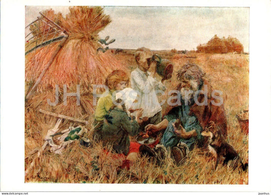 painting by A. Plastov - Harvest - children - old man - Russian art - 1979 - Russia USSR - unused - JH Postcards