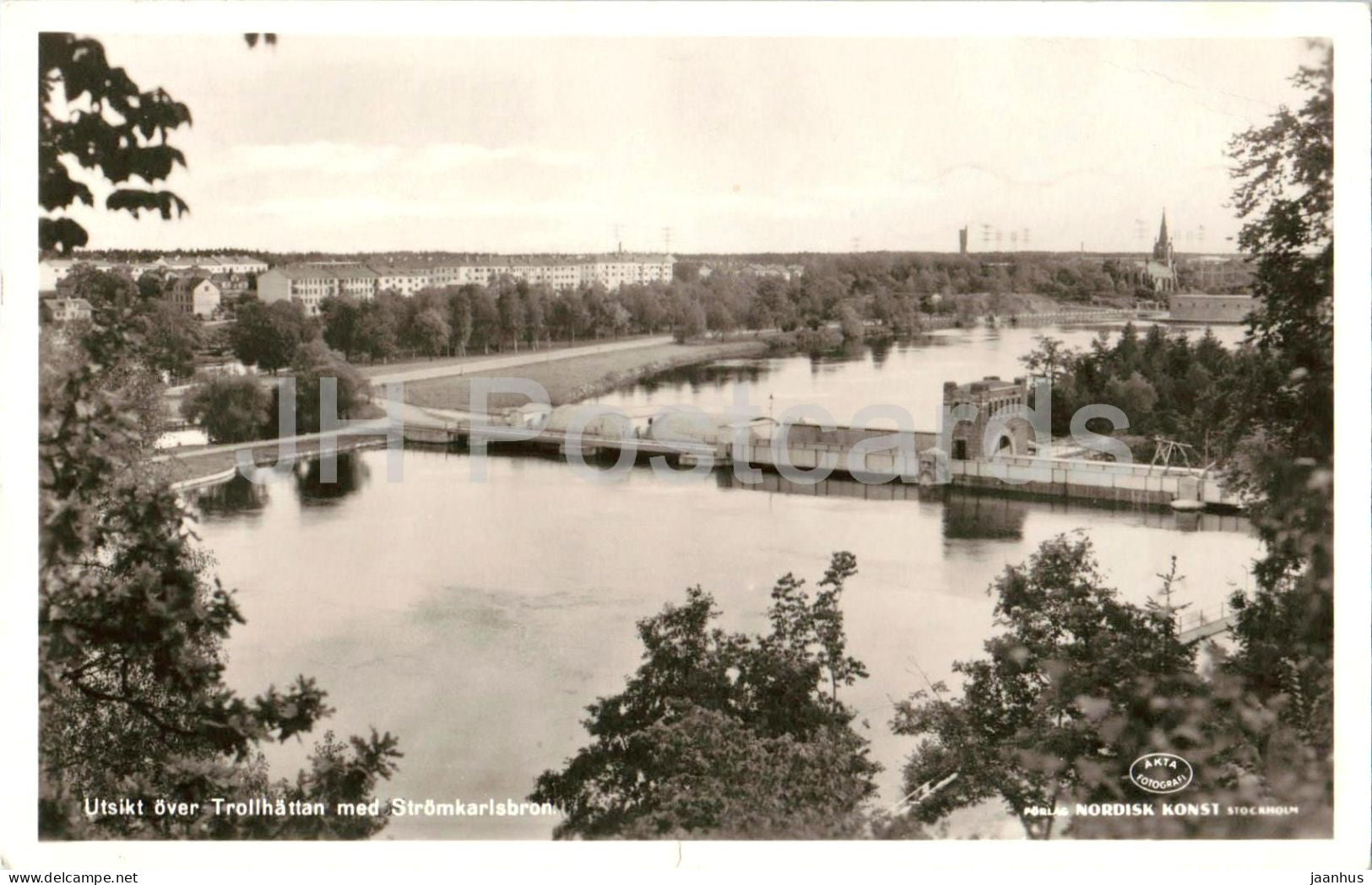 Utsikt over Trollhattan med Stromkarlsbron - AKTA fotograf - old postcard - 1952 - Sweden - used - JH Postcards
