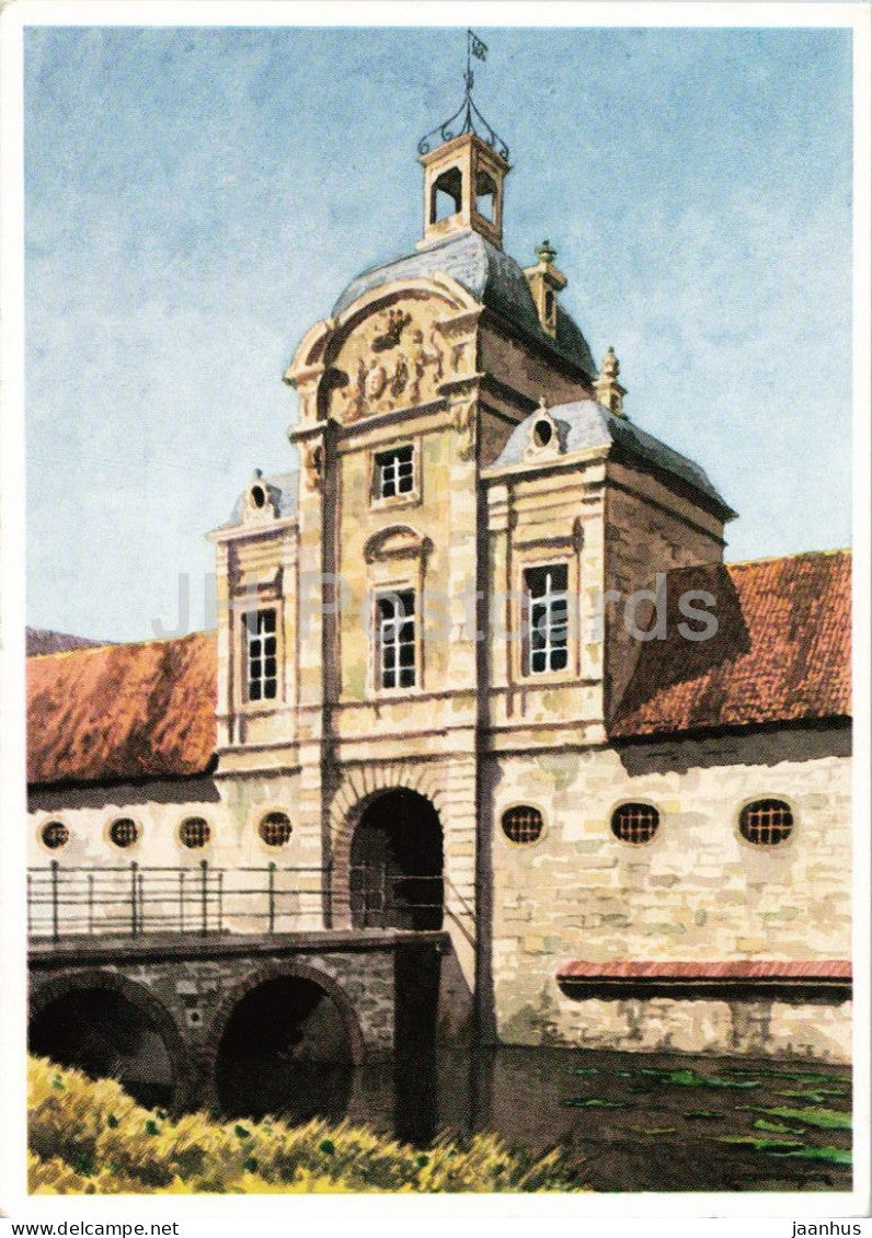 watercolor by C. Determeyer - Haus Stapel moated castle - Westfalische Wasserburgen - German art - Germany - unused - JH Postcards