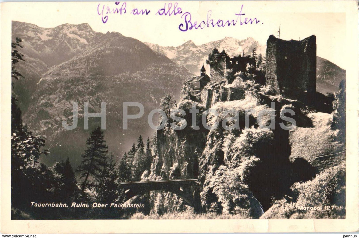 Tauernbahn - Ruine Ober Falkenstein - castle ruins - mountains - 12798 - 1934 - Austria - used - JH Postcards