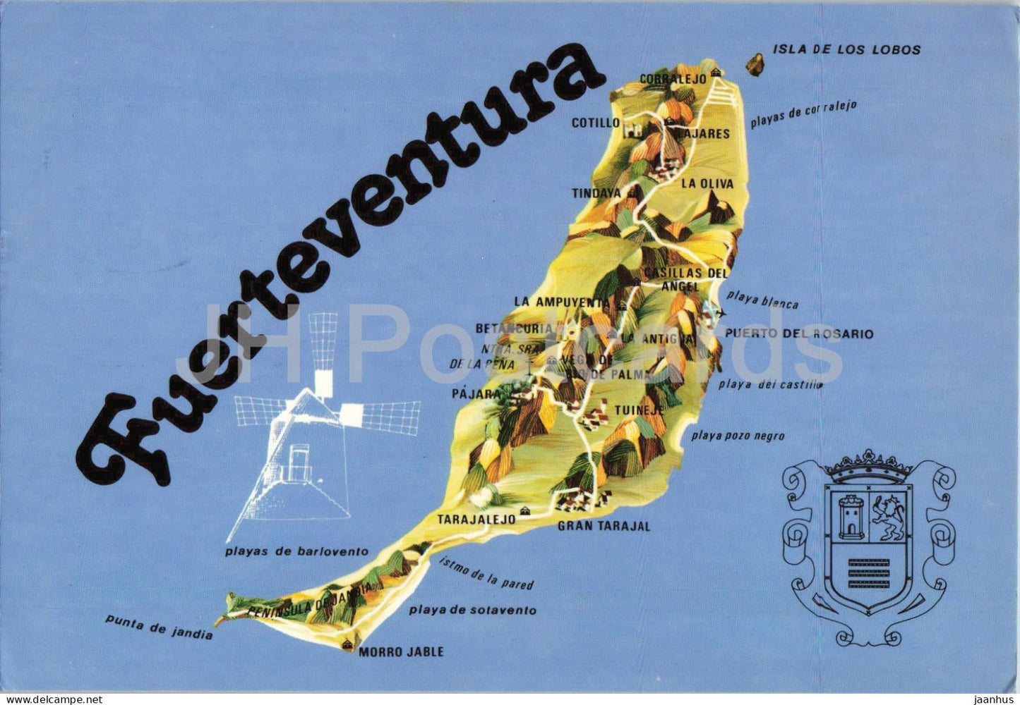 Fuerteventura Plano de la Isla - Island Map - coat of arms - windmill - 82021 - 1986 - Spain - used - JH Postcards