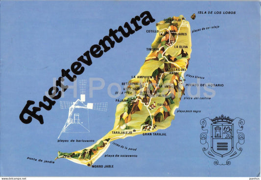 Fuerteventura Plano de la Isla - Island Map - coat of arms - windmill - 82021 - 1986 - Spain - used - JH Postcards