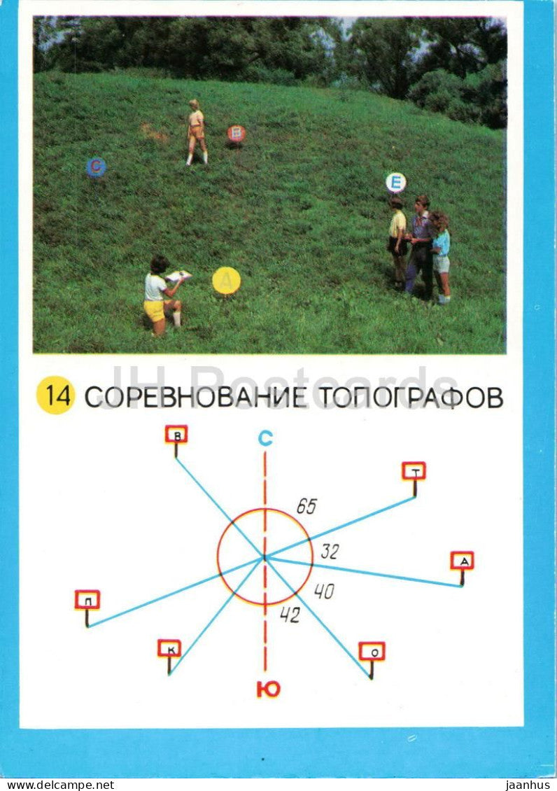 Competition of Topographers Outdoor games - pioneer camping and sport game card - children - 1985 - Russia USSR - unused - JH Postcards