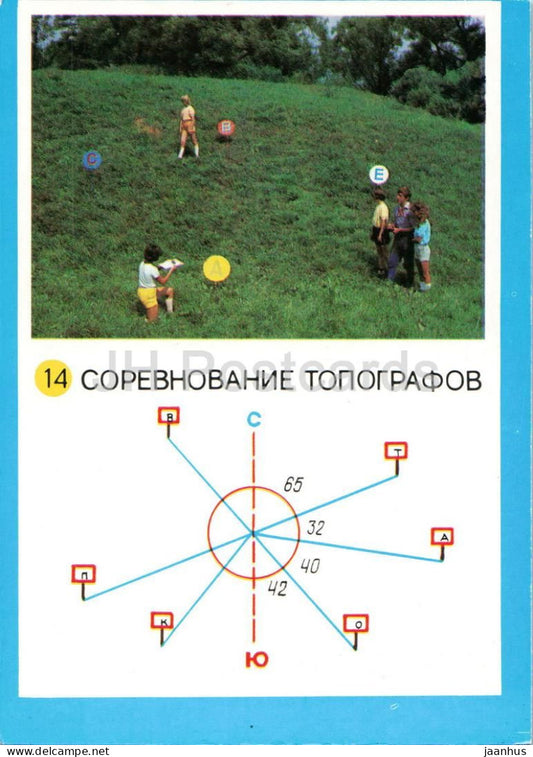 Competition of Topographers Outdoor games - pioneer camping and sport game card - children - 1985 - Russia USSR - unused - JH Postcards