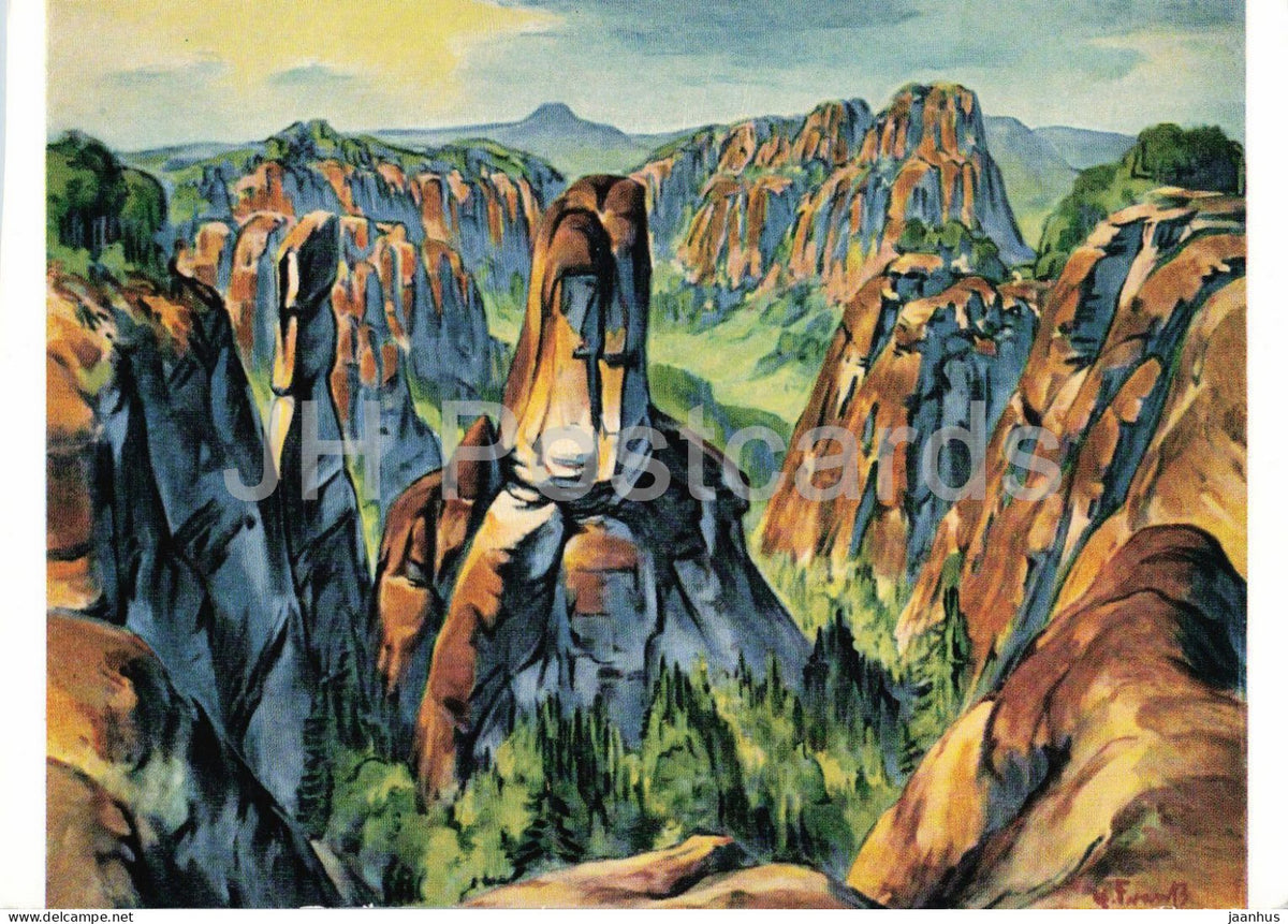 painting by Erich Fraass - Grosser Dom Rock in the Elbe Sandstone Mountains - 1961 - Germany DDR - unused - JH Postcards