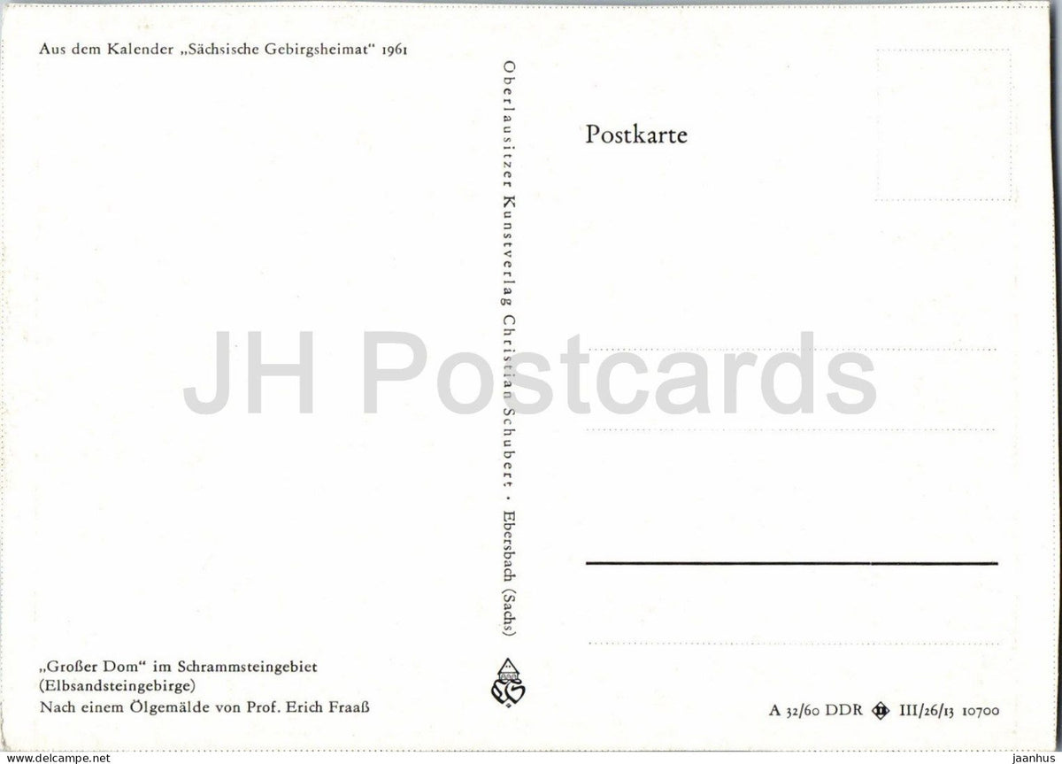 painting by Erich Fraass - Grosser Dom Rock in the Elbe Sandstone Mountains - 1961 - Germany DDR - unused