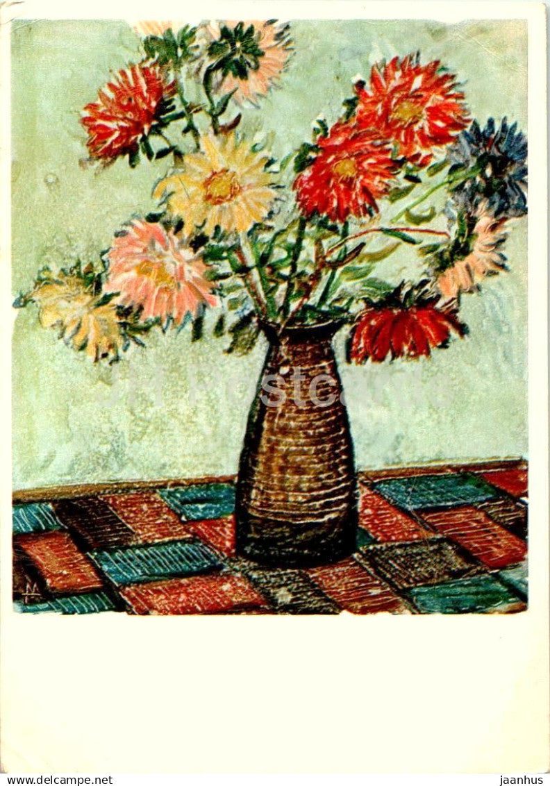 Birthday Greeting Card by M. Bormeister - Aster - vase - flowers - illustration - 1965 - Estonia USSR - used - JH Postcards