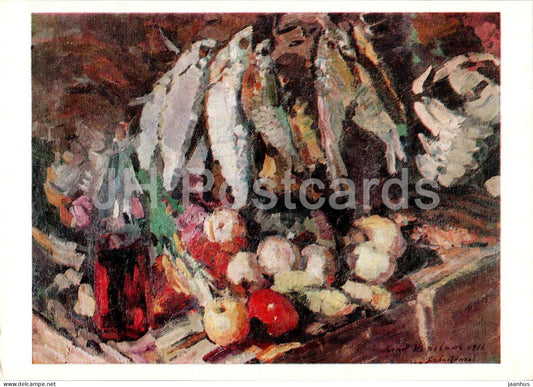 painting by K. Korovin - Fish , Wine and Fruits - still life - Russian art - 1979 - Russia USSR - unused - JH Postcards