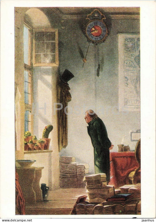 painting by Carl Spitzweg - The Cactus Lover - Der Kaktusfreund - old postcard - German art 1957 - Germany DDR - unused - JH Postcards