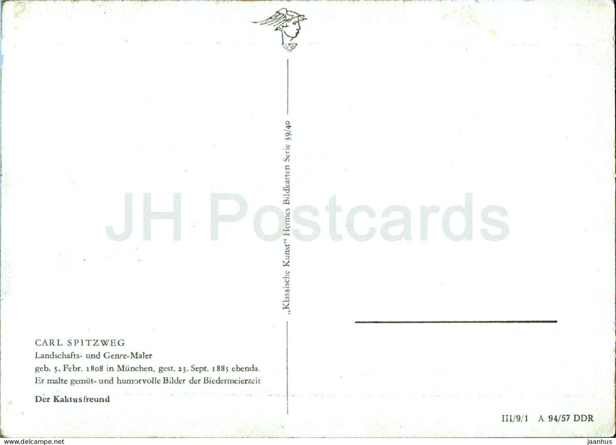painting by Carl Spitzweg - The Cactus Lover - Der Kaktusfreund - old postcard - German art 1957 - Germany DDR - unused