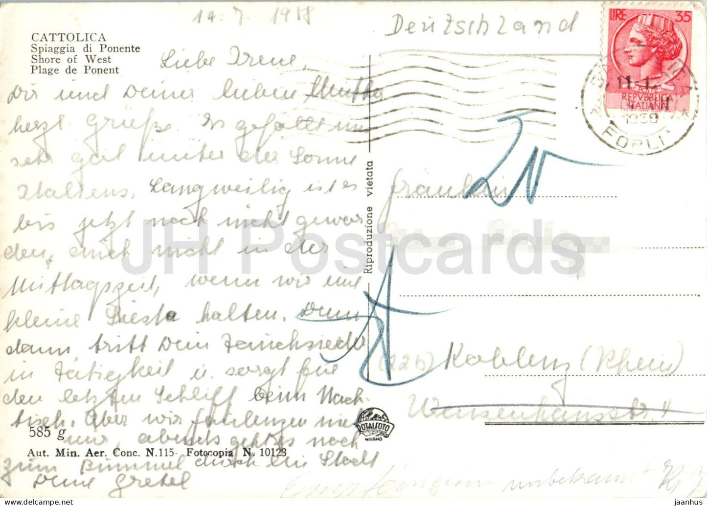 Cattolica - Spiaggia di Ponente - Côte Ouest - plage - station balnéaire - Mer Adriatique 585 - vieille carte postale - 1958 - Italie - utilisée