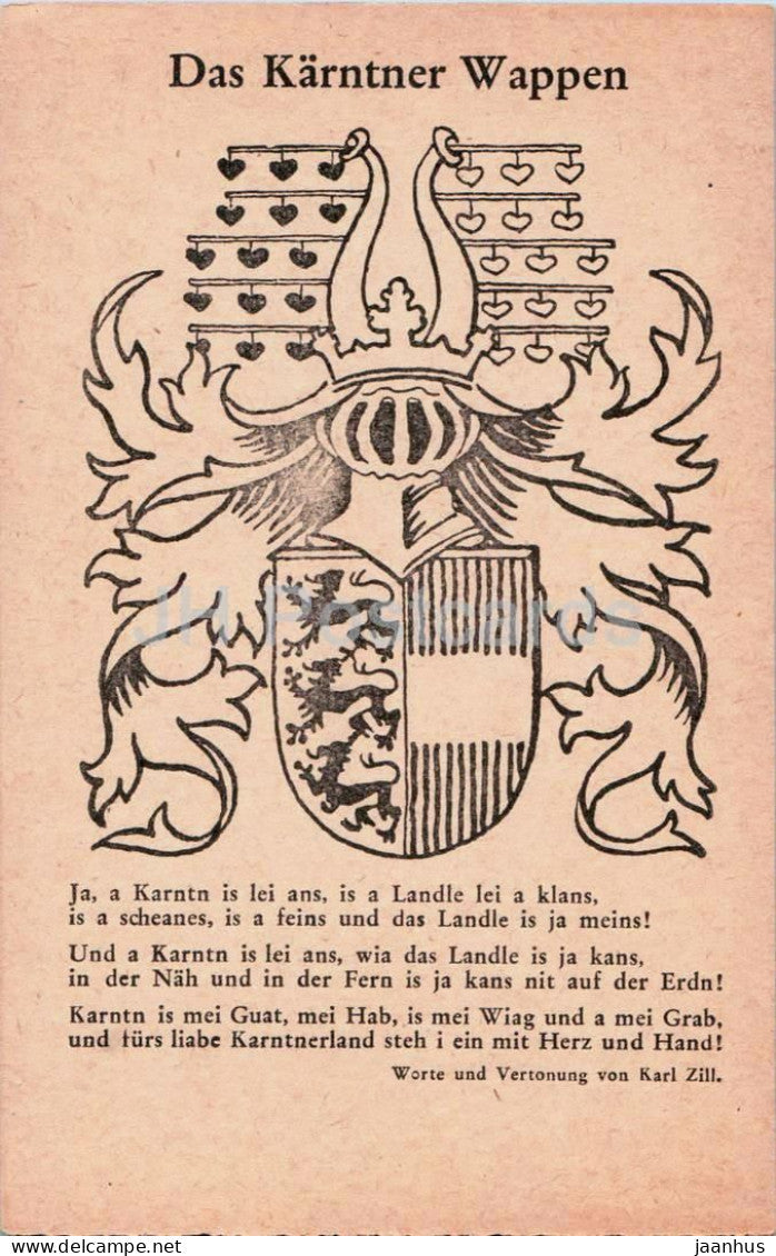 Das Karntner Wappen - The Carinthian Coat of Arms - patriotic text by Karl Zill - old postcard - Austria - unused - JH Postcards