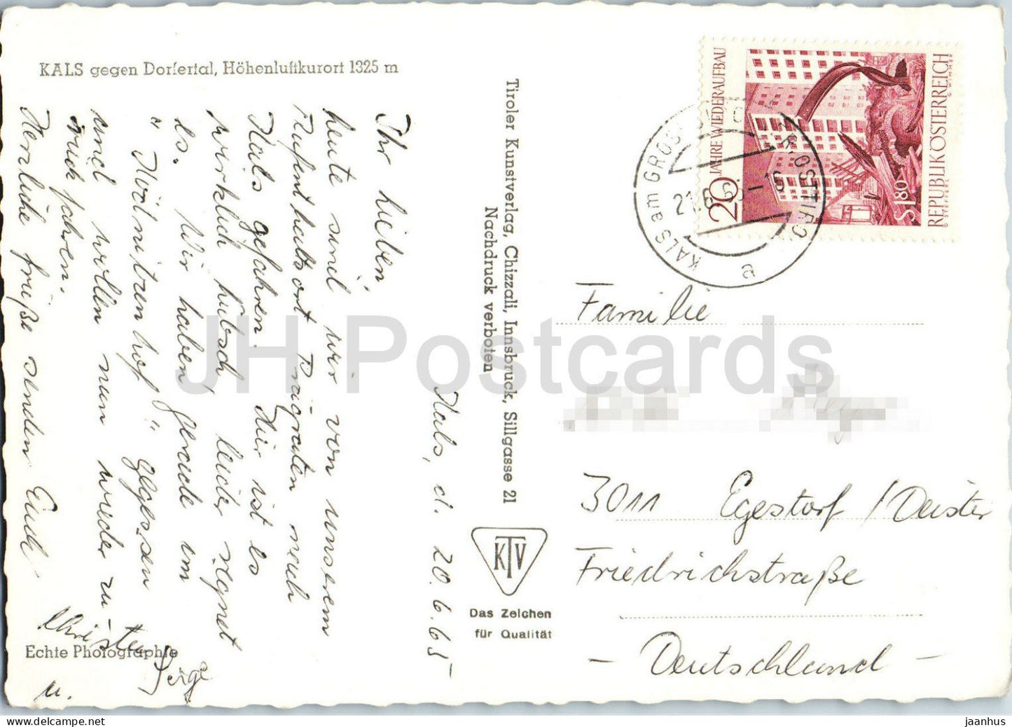 Kals contre Dorfertal Hohenluftkurort 1325 m - vallée alpine village - montagnes - église - 9862 - 1965 - Autriche - usagé