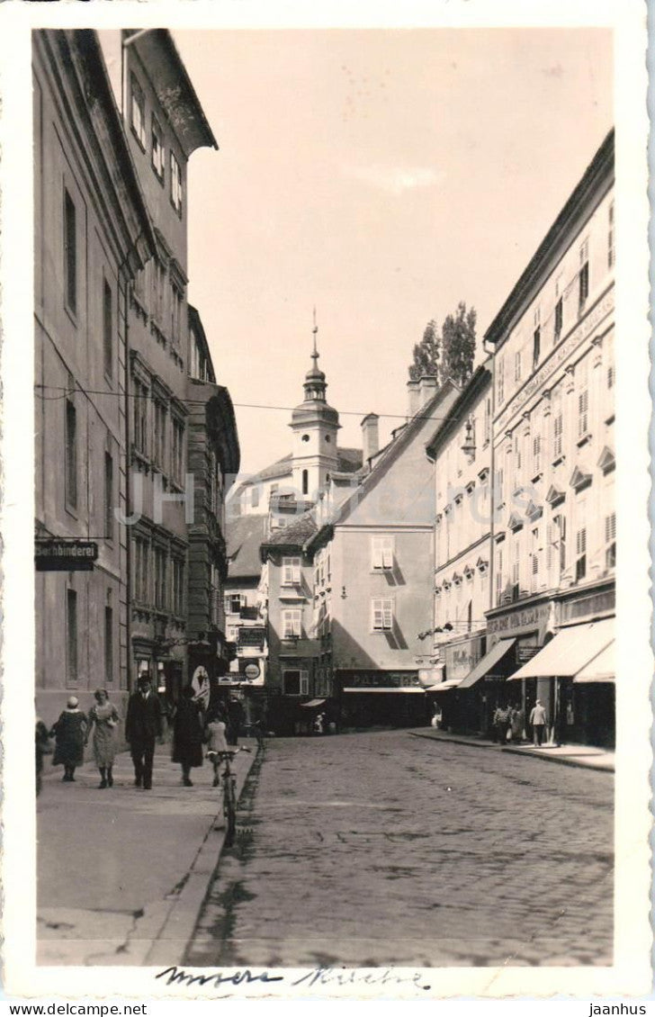 Graz - Hofgasse - Stiegenkirche - church - street view with church tower - old postcard - 1932 - Austria - used - JH Postcards