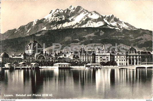 Luzern - Lucerne - Bahnhof und Pilatus - lake - town - panorama - 5434 - old postcard - Switzerland - unused - JH Postcards