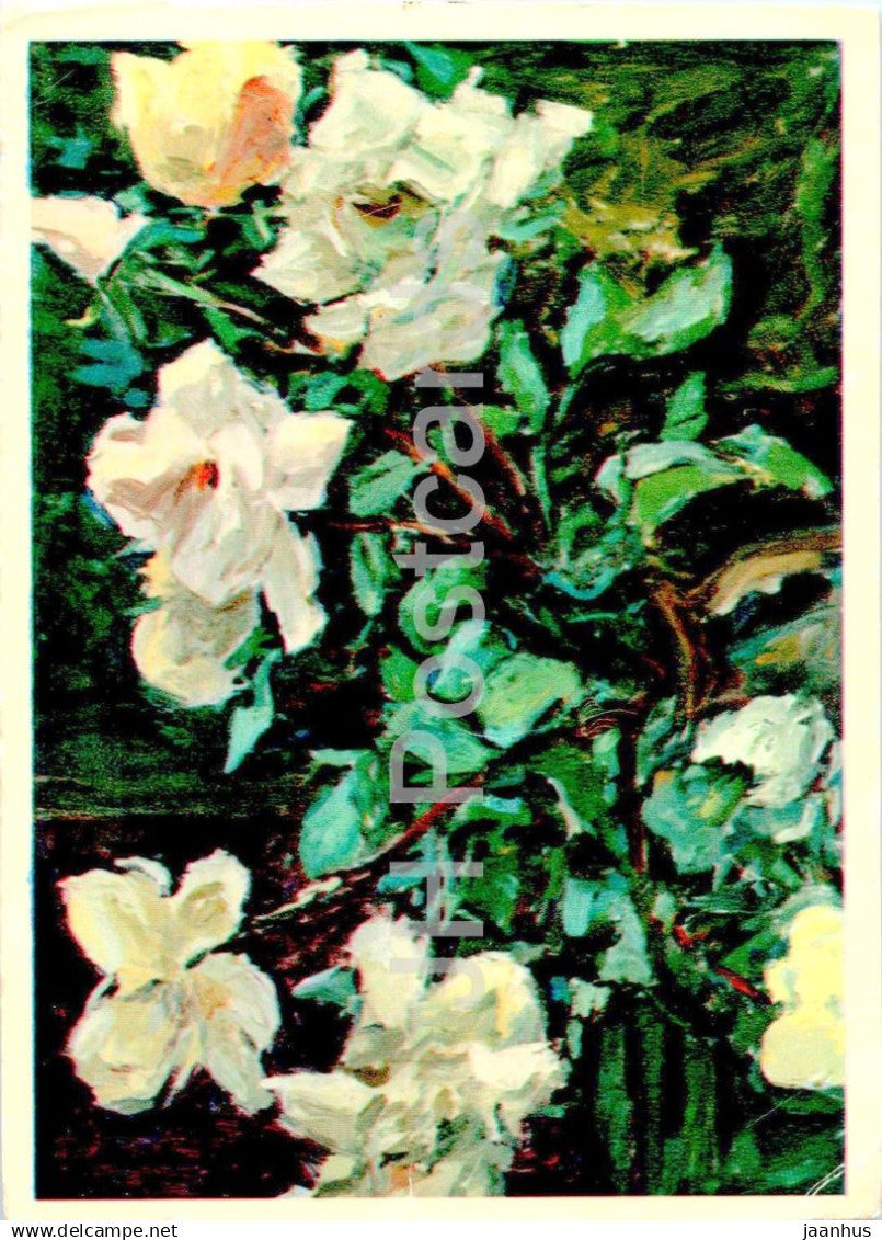 Birthday Greeting Card by M. Bormeister - White Roses - flowers - illustration - 1965 - Estonia USSR - used - JH Postcards