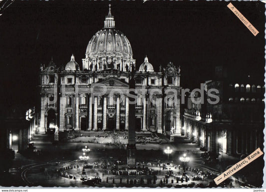 Rome - Roma - Roma di notte - luci su S. Pietro - Rome at Night - St Peters Square - old postcard - 1955 - Italy - used - JH Postcards