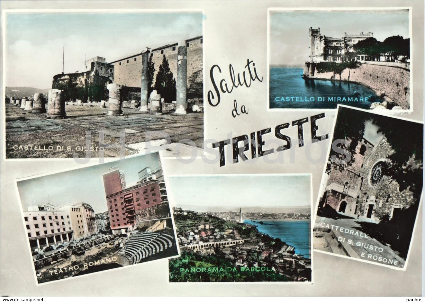 Saluti da Trieste - Greetings - Castello di S Giusto Miramare - Teatro Romano multiview - old postcard - Italy - unused - JH Postcards