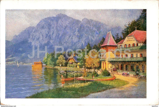 painting by Otto Luhde - Hotel Burgau - lake view - mountains - old postcard - Austria - unused - JH Postcards