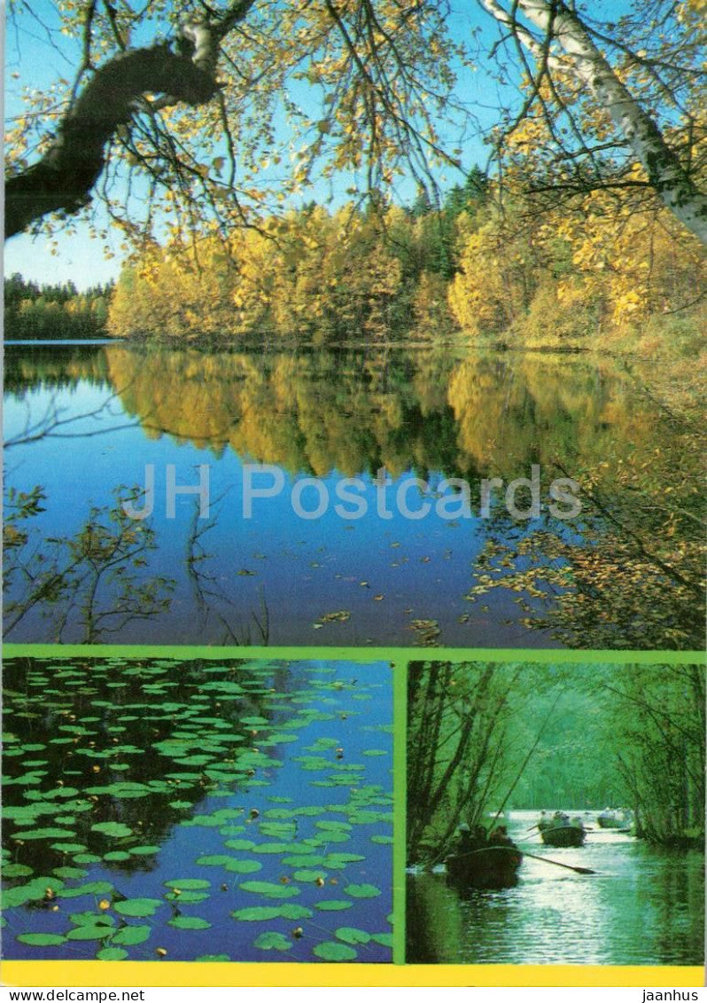 Solovetsky Island - lake Krugloye - channel - boat - multiview - postal stationery - 1989 - Russia USSR - unused - JH Postcards