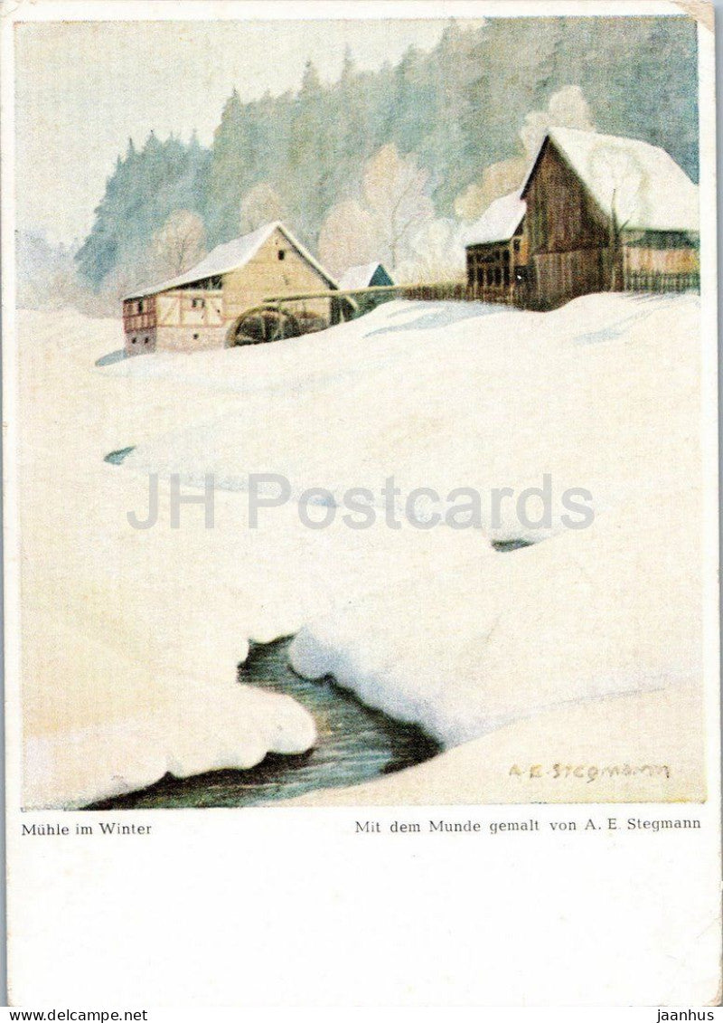 painting by Arnulf Erich Stegmann - Mill in Winter - Muhle im Winter - German art - old postcard - 1951 - Germany - used - JH Postcards