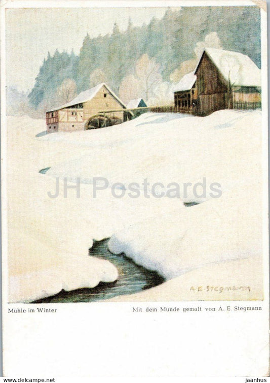 painting by Arnulf Erich Stegmann - Mill in Winter - Muhle im Winter - German art - old postcard - 1951 - Germany - used - JH Postcards
