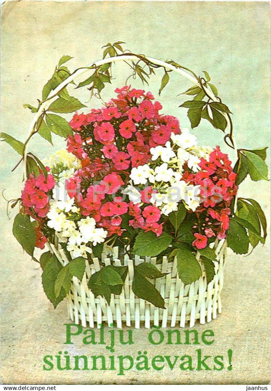 Birthday Greeting Card - Flowers in a white basket - 1988 - Estonia USSR - used - JH Postcards