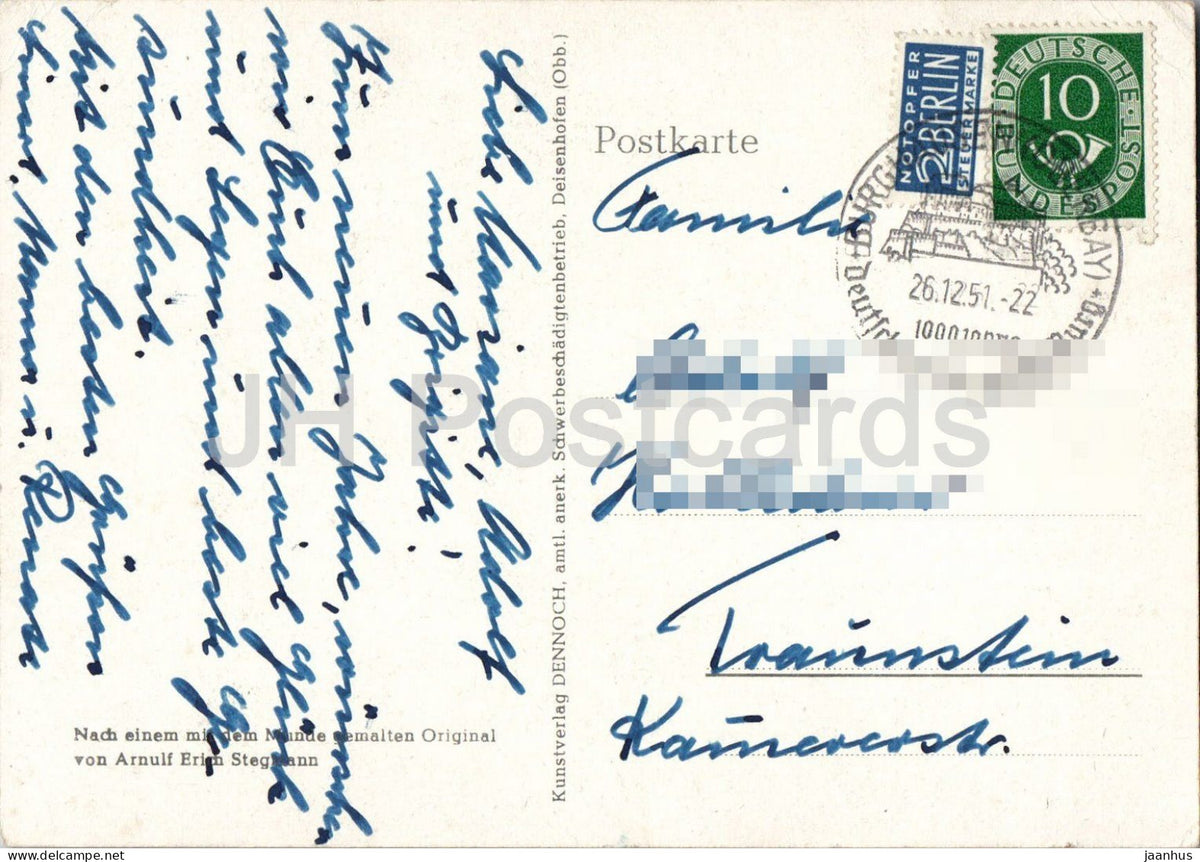 painting by Arnulf Erich Stegmann - Mill in Winter - Muhle im Winter - German art - old postcard - 1951 - Germany - used