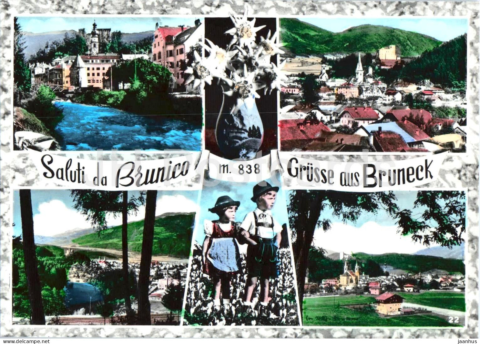 Saluti da Brunico 838 m - Grusse aus Bruneck - Greetings - town - mountains - multiview - old postcard - Italy - unused - JH Postcards