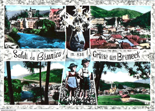 Saluti da Brunico 838 m - Grusse aus Bruneck - Greetings - town - mountains - multiview - old postcard - Italy - unused - JH Postcards