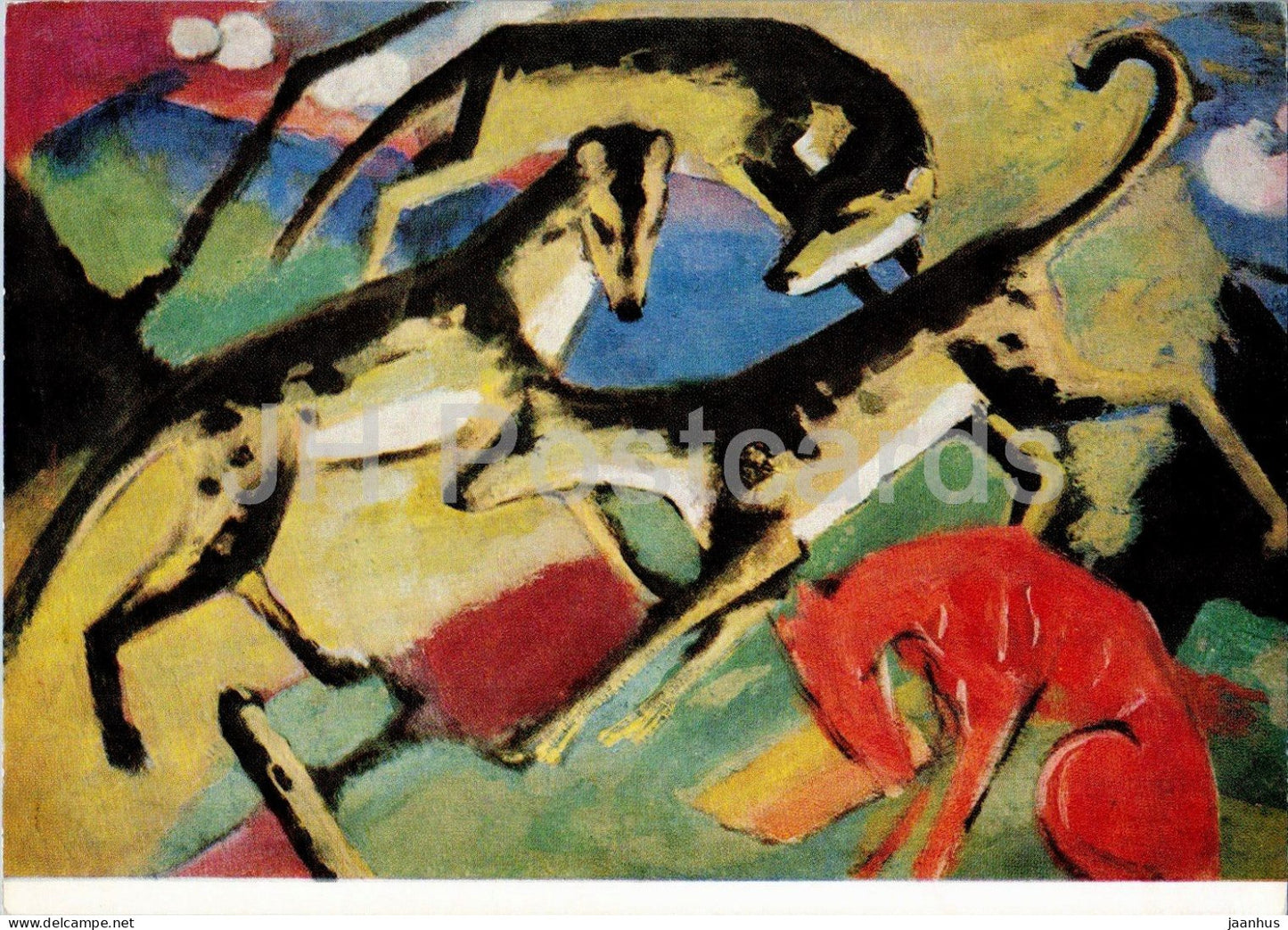painting by Franz Marc - Playing Dogs - Spielende Hunde - dog - German art - 600 - Germany - unused - JH Postcards