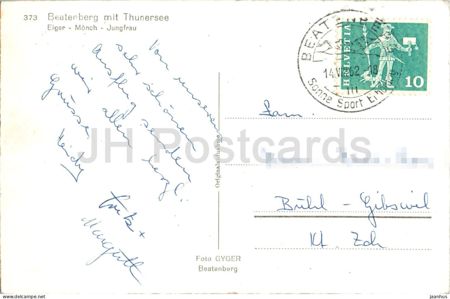 Beatenberg mit Thunersee Eiger - Monch - Jungfrau - lake - Alps - mountains - 373 - 1962 - Switzerland - used