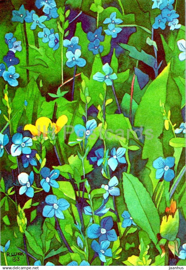 Birthday Greeting Card by R. Lukk - Hepatica - blue - flowers - illustration - 1985 - Estonia USSR - used - JH Postcards