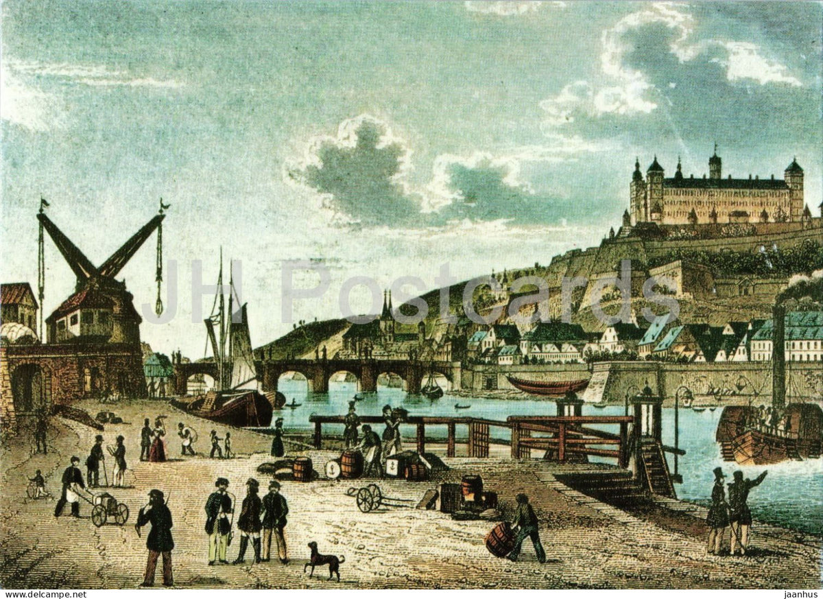 Wurzburg - Main bridge and fortress - Mainbrucke und Festung - after an old engraving - boat - Germany - unused - JH Postcards