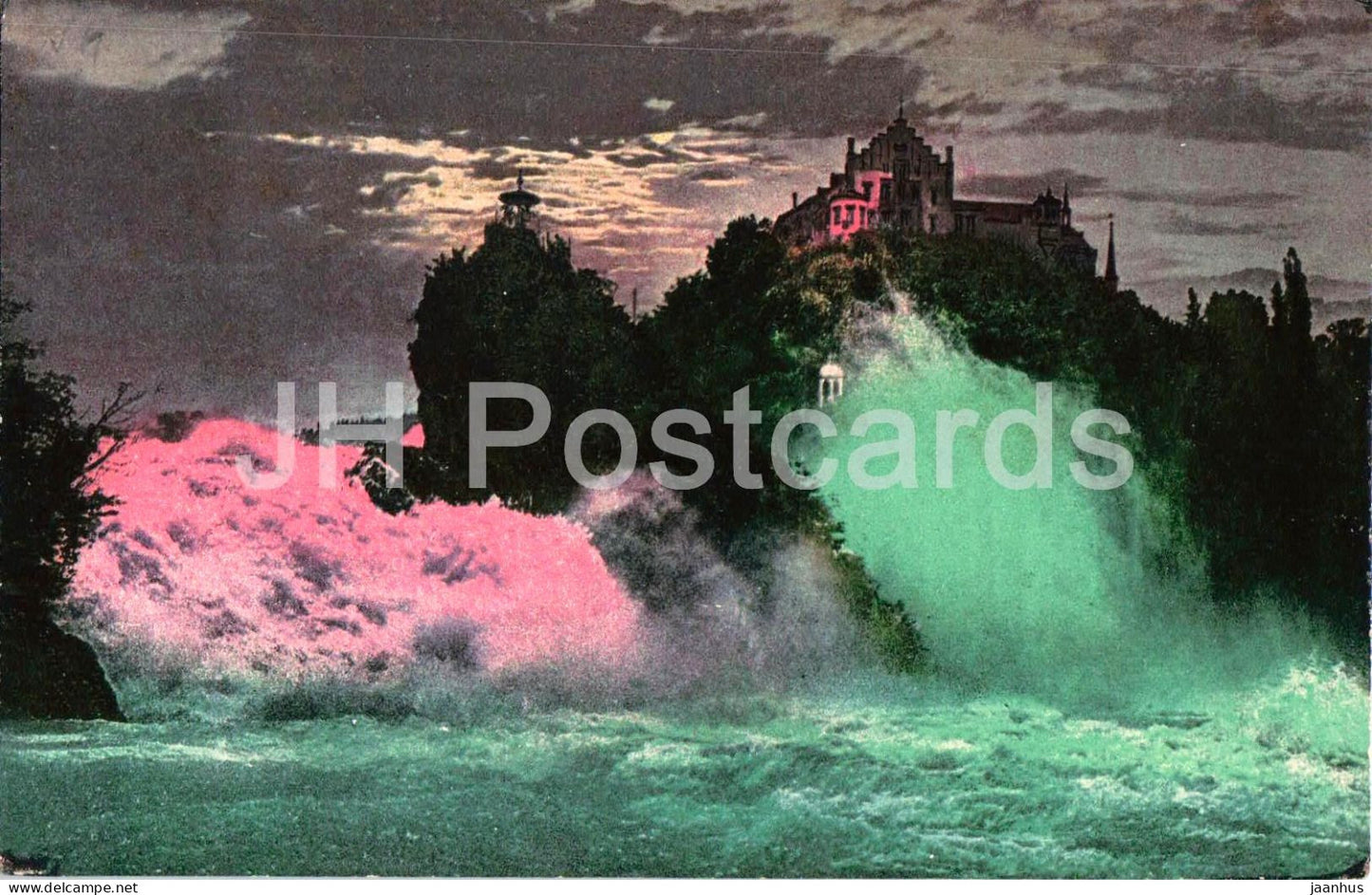 Rheinfall mit Schloss Laufen - waterfall night view illuminated falls 5633 - old postcard - 1920 - Switzerland - used - JH Postcards