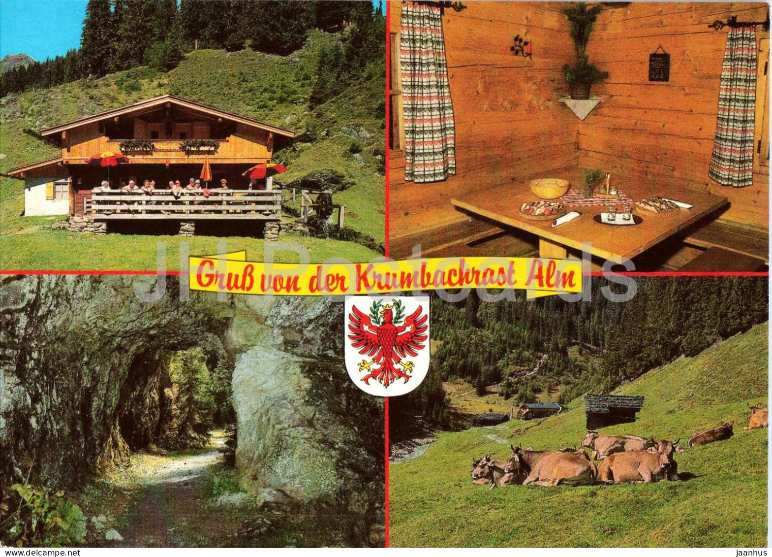 Gruss von der Krumbachrast Alm - Jausenstation - alpine hut - cattle pasture - cow - 161495 - 1994 - Austria - unused - JH Postcards