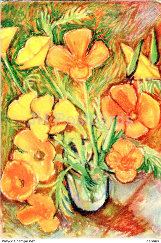 Birthday Greeting Card by O. Subbi - Eschscholzia - yellow flowers - illustration - 1962 - Estonia USSR - used - JH Postcards