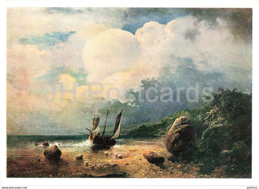 painting by Aleksey Savrasov - Sea View - boat - Russian art - 1966 - Russia USSR - unused - JH Postcards