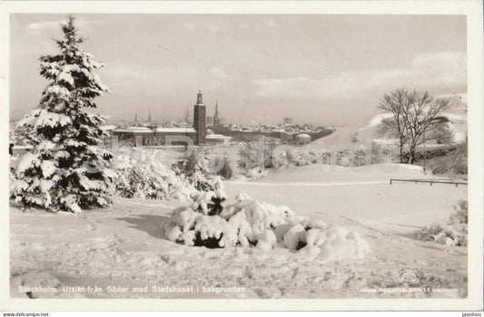 Stockholm - Utsikt fran Soder med Stadshuset i bakgrunden - Town Hall winter view - old postcard - 1953 - Sweden - used - JH Postcards