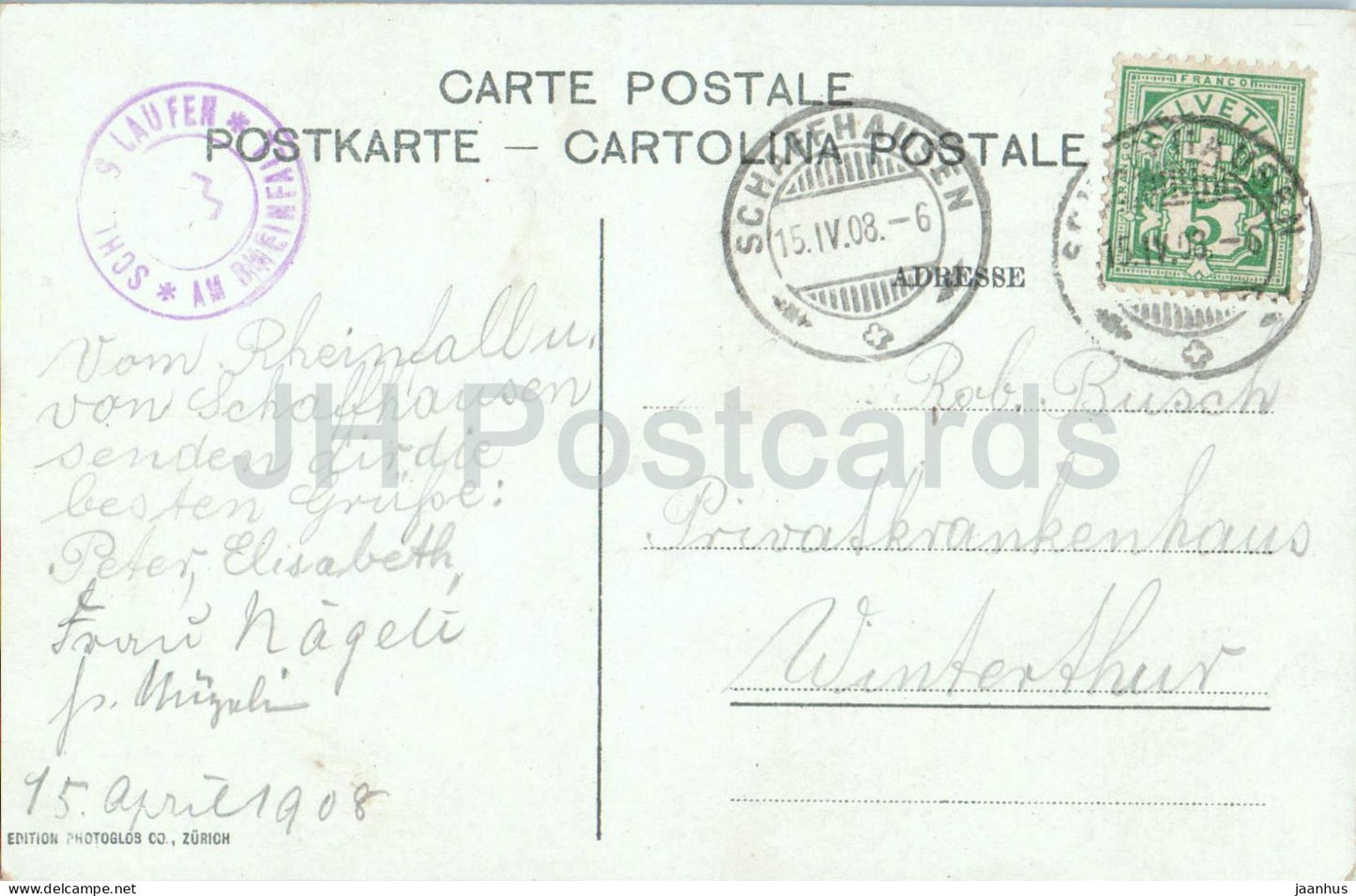 Rheinfall - bridge view - castle Laufen - waterfall panorama - 3825 - old postcard - 1908 - Switzerland - used