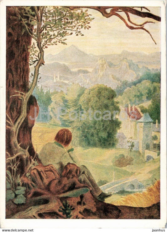 painting by Moritz von Schwind - Rest on the Journey - Die Rast auf der Wanderschaft - Austrian art Germany DDR - unused - JH Postcards